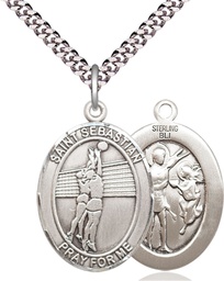 [7186SS/24S] Sterling Silver Saint Sebastian Volleyball Pendant on a 24 inch Light Rhodium Heavy Curb chain