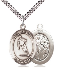 [7187SS/24S] Sterling Silver Saint Sebastian Rugby Pendant on a 24 inch Light Rhodium Heavy Curb chain