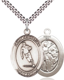 [7187SS/24S] Sterling Silver Saint Sebastian Rugby Pendant on a 24 inch Light Rhodium Heavy Curb chain