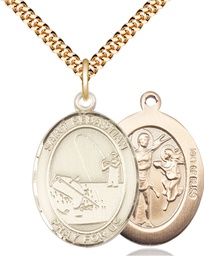 [7188GF/24G] 14kt Gold Filled Saint Sebastian Fishing Pendant on a 24 inch Gold Plate Heavy Curb chain