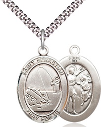 [7188SS/24S] Sterling Silver Saint Sebastian Fishing Pendant on a 24 inch Light Rhodium Heavy Curb chain