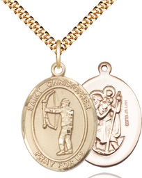 [7190GF/24G] 14kt Gold Filled Saint Christopher Archery Pendant on a 24 inch Gold Plate Heavy Curb chain