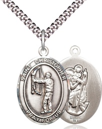 [7190SS/24S] Sterling Silver Saint Christopher Archery Pendant on a 24 inch Light Rhodium Heavy Curb chain