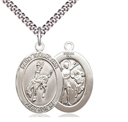 [7191SS/24S] Sterling Silver Saint Sebastian Rodeo Pendant on a 24 inch Light Rhodium Heavy Curb chain