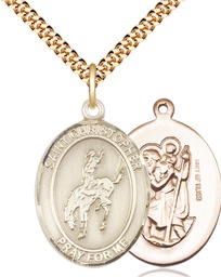 [7192GF/24G] 14kt Gold Filled Saint Christopher Rodeo Pendant on a 24 inch Gold Plate Heavy Curb chain