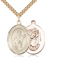 [7192GF/24G] 14kt Gold Filled Saint Christopher Rodeo Pendant on a 24 inch Gold Plate Heavy Curb chain