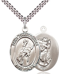 [7192SS/24S] Sterling Silver Saint Christopher Rodeo Pendant on a 24 inch Light Rhodium Heavy Curb chain