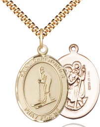 [7193GF/24G] 14kt Gold Filled Saint Christopher Skiing Pendant on a 24 inch Gold Plate Heavy Curb chain