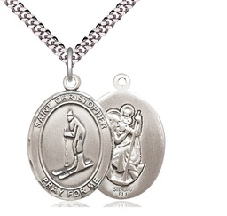 [7193SS/24S] Sterling Silver Saint Christopher Skiing Pendant on a 24 inch Light Rhodium Heavy Curb chain