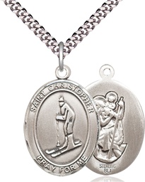 [7193SS/24S] Sterling Silver Saint Christopher Skiing Pendant on a 24 inch Light Rhodium Heavy Curb chain