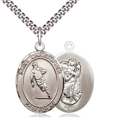 [7194SS/24S] Sterling Silver Saint Christopher Rugby Pendant on a 24 inch Light Rhodium Heavy Curb chain