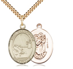[7196GF/24G] 14kt Gold Filled Saint Christopher Fishing Pendant on a 24 inch Gold Plate Heavy Curb chain