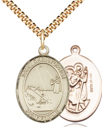 [7196GF/24G] 14kt Gold Filled Saint Christopher Fishing Pendant on a 24 inch Gold Plate Heavy Curb chain