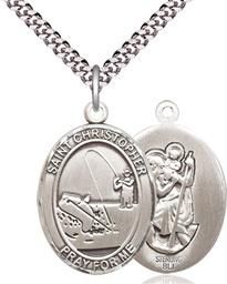 [7196SS/24S] Sterling Silver Saint Christopher Fishing Pendant on a 24 inch Light Rhodium Heavy Curb chain