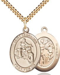 [7197GF/24G] 14kt Gold Filled Saint Sebastian Motorcycle Pendant on a 24 inch Gold Plate Heavy Curb chain