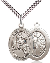 [7197SS/24S] Sterling Silver Saint Sebastian Motorcycle Pendant on a 24 inch Light Rhodium Heavy Curb chain