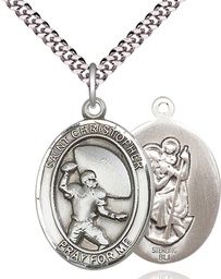 [7501SS/24S] Sterling Silver Saint Christopher Football Pendant on a 24 inch Light Rhodium Heavy Curb chain