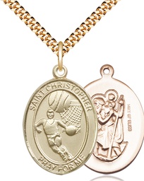 [7502GF/24G] 14kt Gold Filled Saint Christopher Basketball Pendant on a 24 inch Gold Plate Heavy Curb chain