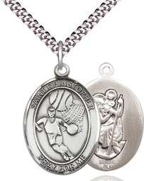 [7502SS/24S] Sterling Silver Saint Christopher Basketball Pendant on a 24 inch Light Rhodium Heavy Curb chain