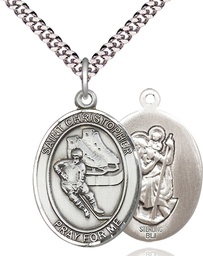 [7504SS/24S] Sterling Silver Saint Christopher Hockey Pendant on a 24 inch Light Rhodium Heavy Curb chain