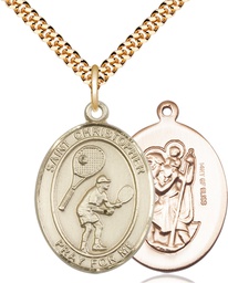 [7505GF/24G] 14kt Gold Filled Saint Christopher Tennis Pendant on a 24 inch Gold Plate Heavy Curb chain