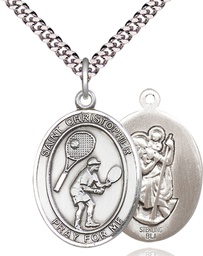 [7505SS/24S] Sterling Silver Saint Christopher Tennis Pendant on a 24 inch Light Rhodium Heavy Curb chain