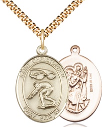 [7511GF/24G] 14kt Gold Filled Saint Christopher Swimming Pendant on a 24 inch Gold Plate Heavy Curb chain