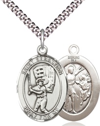 [7600SS/24S] Sterling Silver Saint Sebastian Baseball Pendant on a 24 inch Light Rhodium Heavy Curb chain