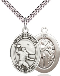 [7601SS/24S] Sterling Silver Saint Sebastian Football Pendant on a 24 inch Light Rhodium Heavy Curb chain