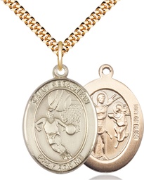 [7602GF/24G] 14kt Gold Filled Saint Sebastian Basketball Pendant on a 24 inch Gold Plate Heavy Curb chain