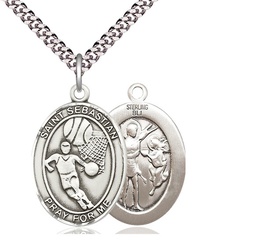 [7602SS/24S] Sterling Silver Saint Sebastian Basketball Pendant on a 24 inch Light Rhodium Heavy Curb chain