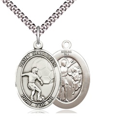 [7603SS/24S] Sterling Silver Saint Sebastian Soccer Pendant on a 24 inch Light Rhodium Heavy Curb chain