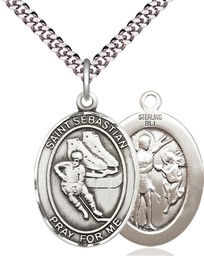 [7604SS/24S] Sterling Silver Saint Sebastian Hockey Pendant on a 24 inch Light Rhodium Heavy Curb chain