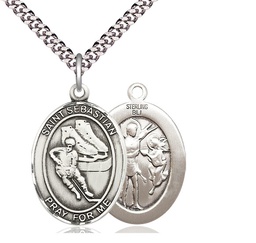 [7604SS/24S] Sterling Silver Saint Sebastian Hockey Pendant on a 24 inch Light Rhodium Heavy Curb chain