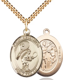 [7605GF/24G] 14kt Gold Filled Saint Sebastian Tennis Pendant on a 24 inch Gold Plate Heavy Curb chain