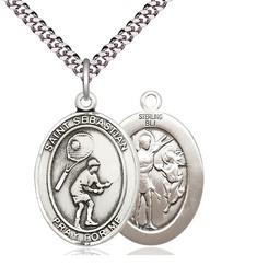 [7605SS/24S] Sterling Silver Saint Sebastian Tennis Pendant on a 24 inch Light Rhodium Heavy Curb chain