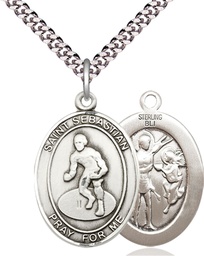 [7608SS/24S] Sterling Silver Saint Sebastian Wrestling Pendant on a 24 inch Light Rhodium Heavy Curb chain