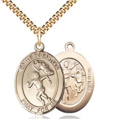[7610GF/24G] 14kt Gold Filled Saint Sebastian Track and Field Pendant on a 24 inch Gold Plate Heavy Curb chain