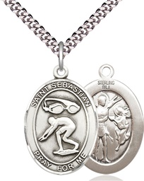 [7611SS/24S] Sterling Silver Saint Sebastian Swimming Pendant on a 24 inch Light Rhodium Heavy Curb chain