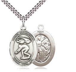 [7611SS/24S] Sterling Silver Saint Sebastian Swimming Pendant on a 24 inch Light Rhodium Heavy Curb chain