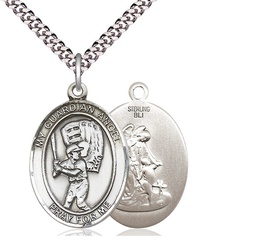 [7700SS/24S] Sterling Silver Guardian Angel Baseball Pendant on a 24 inch Light Rhodium Heavy Curb chain