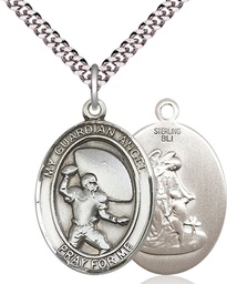 [7701SS/24S] Sterling Silver Guardian Angel Football Pendant on a 24 inch Light Rhodium Heavy Curb chain