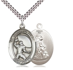 [7701SS/24S] Sterling Silver Guardian Angel Football Pendant on a 24 inch Light Rhodium Heavy Curb chain