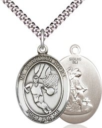 [7702SS/24S] Sterling Silver Guardian Angel Basketball Pendant on a 24 inch Light Rhodium Heavy Curb chain