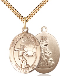 [7703GF/24G] 14kt Gold Filled Guardian Angel Soccer Pendant on a 24 inch Gold Plate Heavy Curb chain