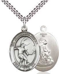 [7703SS/24S] Sterling Silver Guardian Angel Soccer Pendant on a 24 inch Light Rhodium Heavy Curb chain