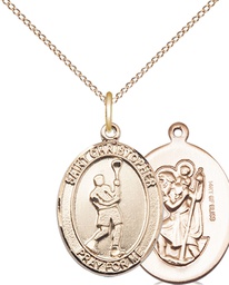 [8144GF/18GF] 14kt Gold Filled Saint Christopher Lacrosse Pendant on a 18 inch Gold Filled Light Curb chain