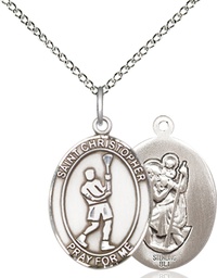 [8144SS/18SS] Sterling Silver Saint Christopher Lacrosse Pendant on a 18 inch Sterling Silver Light Curb chain