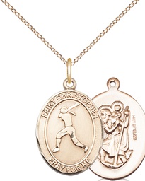 [8145GF/18GF] 14kt Gold Filled Saint Christopher Softball Pendant on a 18 inch Gold Filled Light Curb chain