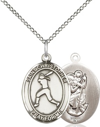 [8145SS/18SS] Sterling Silver Saint Christopher Softball Pendant on a 18 inch Sterling Silver Light Curb chain